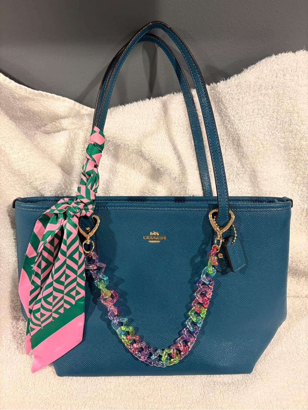 Coach Teal Leather Tote mini. Chain not included.